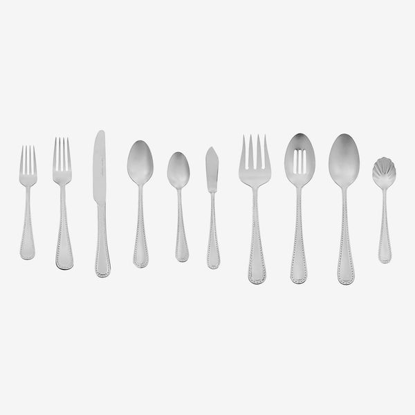 Amazon Basics 65-Piece Stainless Steel Flatware Set with Pearled Edge, Service for 12