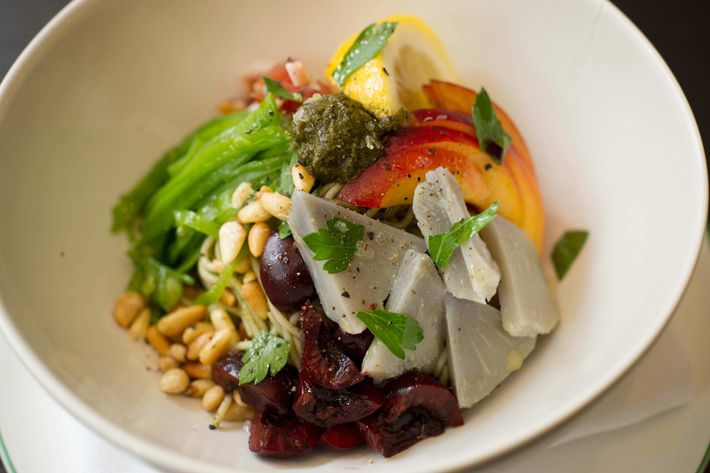 Cold angel-hair-pasta salad, snap pea, cherries, artichoke, prosciutto, pine nuts, green-tea pesto.