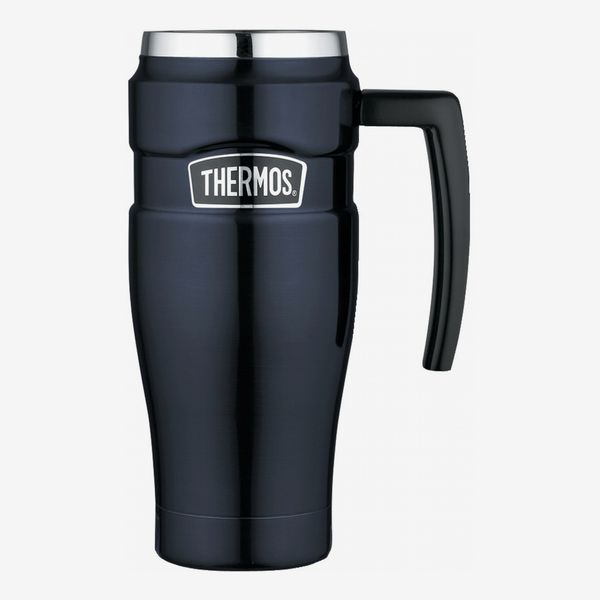 A stainless steel metallic dark blue thermos with a handle and chrome accents. The Strategist - There’s a Bunch of Thermoses on Sale at Amazon