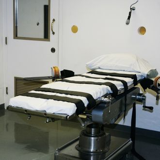 FILE - In this April 15, 2008 file photo, the gurney in the execution chamber at the Oklahoma State Penitentiary is pictured in McAlester, Okla. Oklahoma investigators are poised to release a report Thursday, Sept. 4, 2014 into the flawed execution of Clayton Lockett, a death row inmate who gasped and writhed on a gurney after being injected with three lethal drugs. Gov. Mary Fallin ordered the investigation after it took 43 minutes to kill Lockett on April 29. (AP Photo/File)