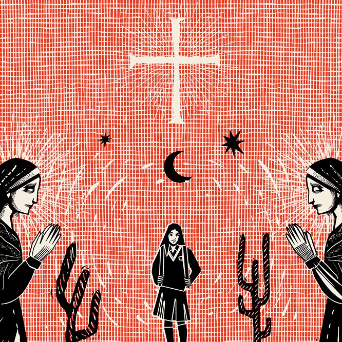 Illustration of nuns looking at a schoolgirl amid cactuses and stars