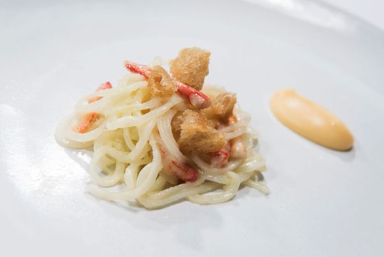 Humm's final product: Ribbons of Cauliflower Stems with Lobster Leg Meat and Vanilla.