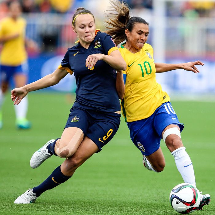 Caitlin Foord of Australia and Marta of Brazil.