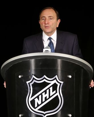 Following the NHL Board of Governors meeting, Commissioner Gary Bettman of the National Hockey League addresses the media at the Westin Times Square on December 5, 2012 in New York City.