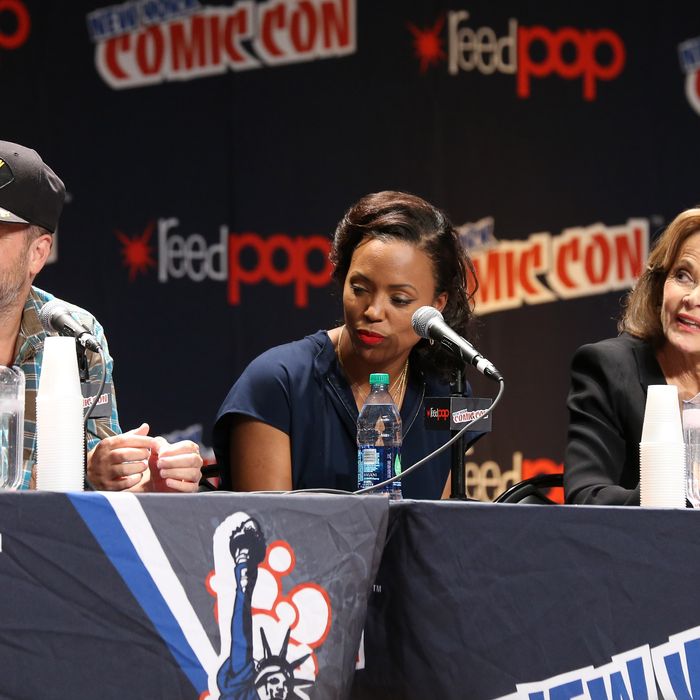 NEW YORK, NY - OCTOBER 10: (L-R) H. Jon Benjamin, Aisha Taylor and Jesica Walter speak during the 'Archer' panel at the 2014 New York Comic Con at Jacob Javitz Center on October 10, 2014 in New York City. (Photo by Neilson Barnard/Getty Images)