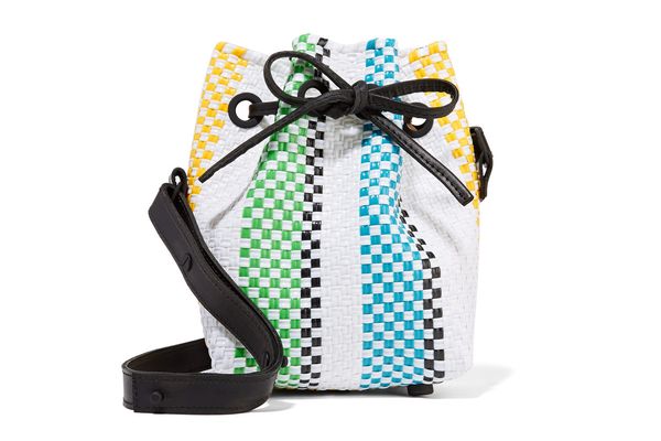 Truss Stripe Mini Woven Raffia-Effect Bucket Bag