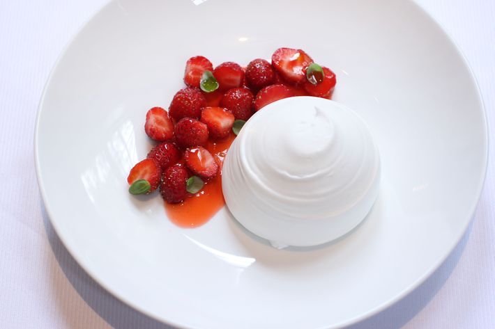 Vacherin aux Fraise: crisp meringue, fromage-blanc glace, and strawberry consommé.