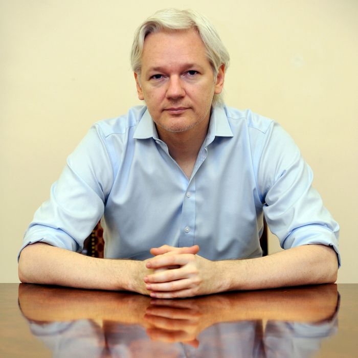 Wikileaks founder Julian Assange speaks to the media inside the Ecuadorian Embassy in London on June 14, 2013, ahead of the first anniversary of his arrival there on June 19, 2012. A year after seeking refuge at the Ecuadorian embassy in London, Julian Assange remains fearful of US 