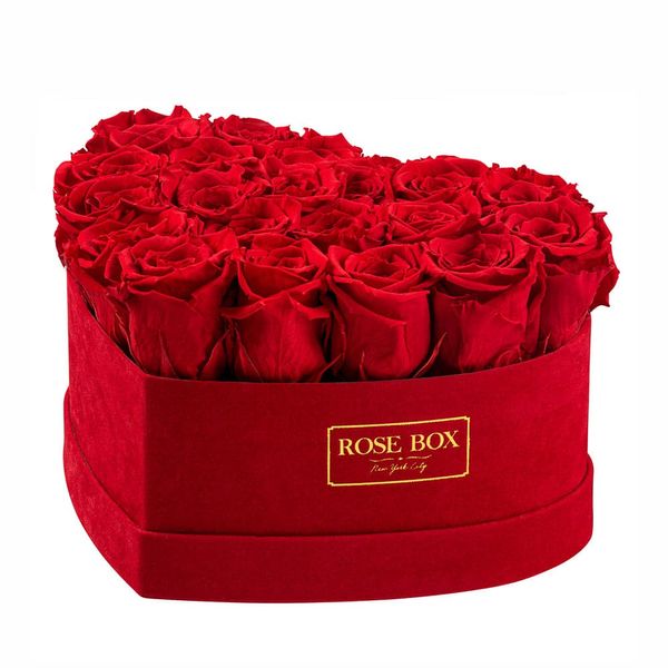 Rose Box NYC Medium Red Heart Box With Red Flame Roses