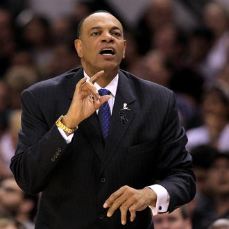 SAN ANTONIO, TX - MAY 19: Head coach Lionel Hollins of the Memphis Grizzlies reacts in the first half against the San Antonio Spurs during Game One of the Western Conference Finals of the 2013 NBA Playoffs at AT&T Center on May 19, 2013 in San Antonio, Texas. NOTE TO USER: User expressly acknowledges and agrees that, by downloading and or using this photograph, User is consenting to the terms and conditions of the Getty Images License Agreement. (Photo by Ronald Martinez/Getty Images)