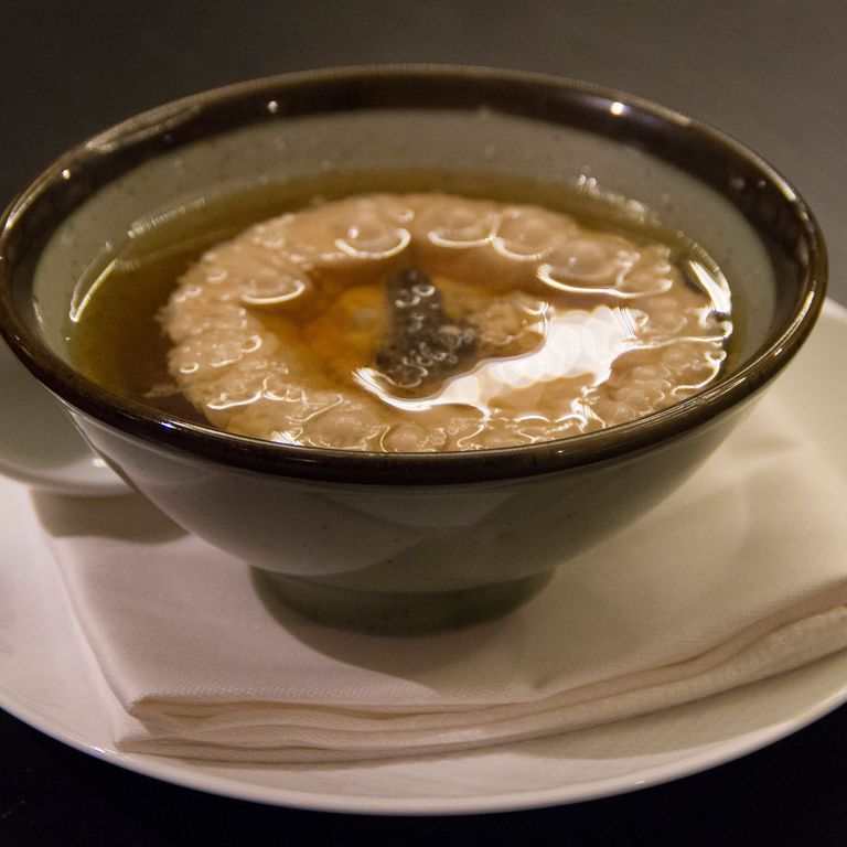 Chicken consommé with morels.