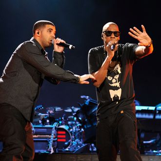 Jay-Z and Drake perform at Yankee Stadium on September 15, 2010 in New York City.