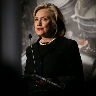 NEW YORK, NY - NOVEMBER 21: Hillary Rodham Clinton speaks at the Cookstoves Future Summit on November 21, 2014 in New York City. Clinton, who is the Leadership Council Chair for the Global Alliance for Clean Cookstoves, spoke to donors, activists and members of the media on the importance of clean cookstoves for families in parts of the developing world. Globally, 3 billion people rely on solid fuels to cook. This has resulted in polluted household air that kills over 4 million people every year and sickening millions more. The Global Alliance for Clean Cookstoves looks to replace old stoves with more efficient and cleaner one's which would drastically reduce the negative health issues associated with older stoves. (Photo by Spencer Platt/Getty Images)