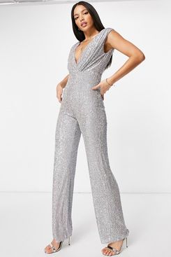 Jaded Rose Tall Sequin Wide Leg Plunge Jumpsuit in Iridescent Silver