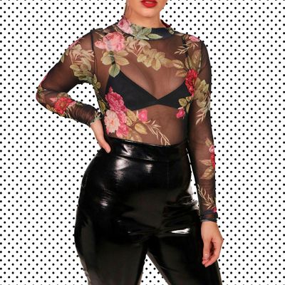 Hirigin Women Sheer Mesh Lace Bodysuits See through Long Sleeve