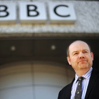 BBC director general Mark Thompson is pictured outside the British Broadcasting Corporation (BBC)'s Television Centre in White City, west London, on March 2, 2010. The British Broadcasting Corporation (BBC) is to slash spending on its online services and close two radio stations in a shake-up which follows criticism of its market dominance, it announced Tuesday. Digital radio stations BBC Asian Network and BBC 6 Music will close from next year as part of a strategic review of the BBC's strategy designed to boost programme funding, said director general Mark Thompson.