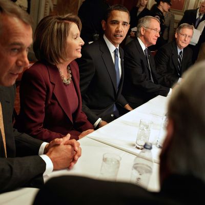 U.S. President-elect Barack Obama (C) meets with Democratic and Republican congressional leadership, including (L-R) House Minority Leader Rep. John Boehner (R-OH), Speaker of the House Rep. Nancy Pelosi (D-CA), Senate Majority Leader Sen. Harry Reid (D-NV) and Senate Minority Leader Sen. Mitch McConnell (RKY)