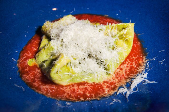 Housemade mandilli (handkerchiefs) pasta with pesto, housemade ricotta, and tomato.