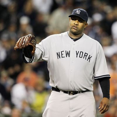 DETROIT - OCTOBER 03: C.C. Sabathia #52 of the New York Yankee reacts after giving up a run in the sixth inning during Game Three of the American League Division Series at Comerica Park on October 3, 2011 in Detroit, Michigan. (Photo by Leon Halip/Getty Images)