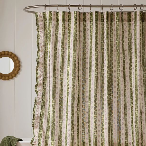 Anthropologie Ivy 100% Cotton Printed Ruffle Stripe Shower Curtain