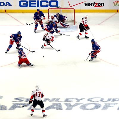 A general view of the Ottawa Senators on offense against the New York Rangers in Game One of the Eastern Conference Quarterfinals