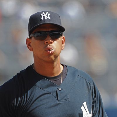 Alex Rodriguez #13 of the New York Yankees spits seeds out during a Grapefruit League Spring Training Game against the Minnesota Twins at George M. Steinbrenner Field on February 28, 2009 in Tampa, Florida. 