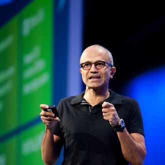 Satya Nadella, president, Server and Tools Business, Microsoft, addresses the crowd during a keynote at the Microsoft 2013 Build Developers Conference in San Francisco. He unveiled new Windows Azure platform features and improvements to the developer community.