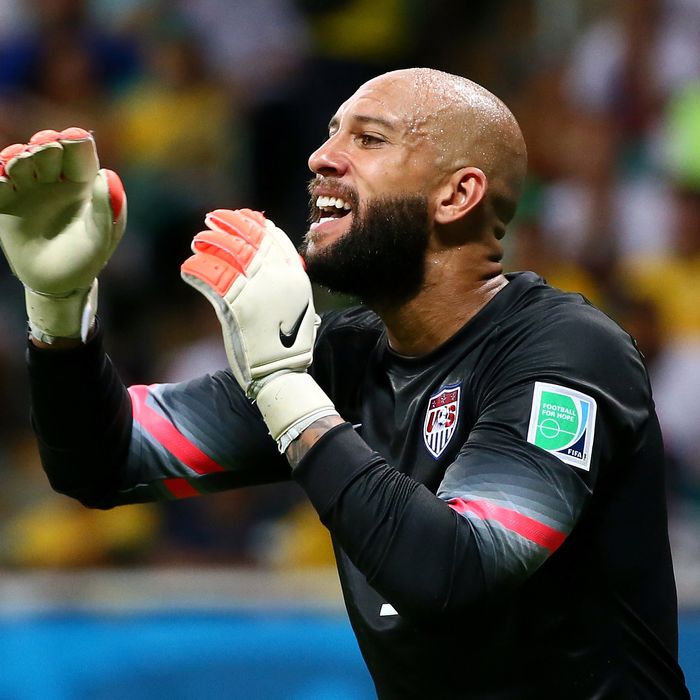 Tim Howard of the United States reacts during the 2014 FIFA World Cup Brazil Round of 16 match between Belgium and the United States at Arena Fonte Nova on July 1, 2014 in Salvador, Brazil. 