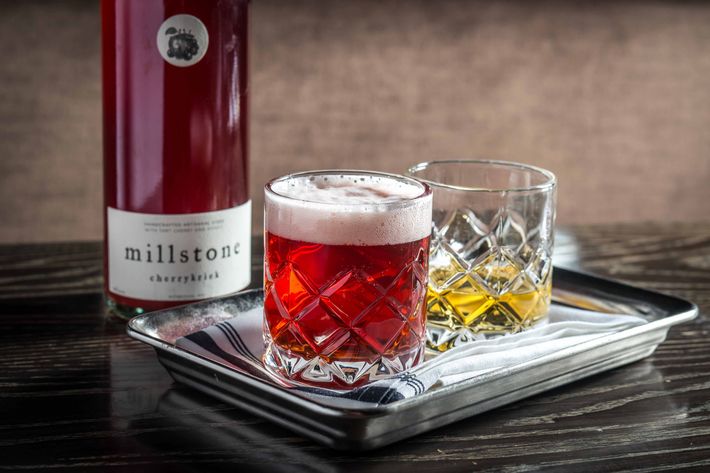 All about the tart fruit: a 750-milliliter bottle of Millstone Cherrykriek, a cider brewed with sour cherries, with Manastirka Slivovitz, a plum brandy ($44).