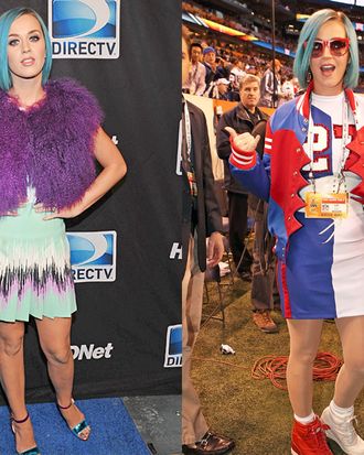 Katy Perry at the Celebrity Beach Bowl (left); the singer at the Superbowl pre-game show (right).