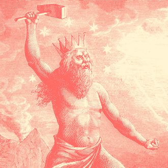 Thor, son of Woden (Odin). God of thunder in the Scandinavian pantheon, Thor is shown wielding his hammer, symbolising thunder and lightning, as he reconstructed the globe.