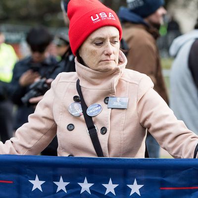 A woman attending an alt-right-organized free speech demonstration in Boston 