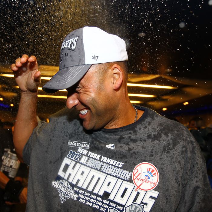  Derek Jeter #2 of the New York Yankees celebrates winning the American League East Division Championship after their 14-2 win against the Boston Red Sox on October 3, 2012 at Yankee Stadium in the Bronx borough of New York City.