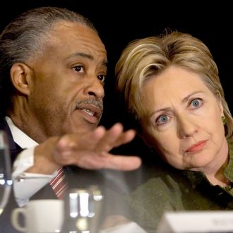 NEW YORK - APRIL 18: Reverend Al Sharpton (L) and Democratic presidential hopeful Senator Hillary Rodham Clinton (D-NY) confer during the Ninth Annual National Action Network Convention, April 18, 2007 in New York City. Democratic presidential candidate Senator Barack Obama (D-IL) is scheduled to attend tomorrow. (Photo by Stephen Chernin/Getty Images) *** Local Caption *** Al Sharpton;Hillary Rodham Clinton