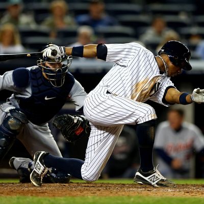 Curtis Granderson #14 of the New York Yankees strikes out for the final out of the game against the Detroit Tigers during Game Two of the American League Championship Series at Yankee Stadium on October 14, 2012 in the Bronx borough of New York City.