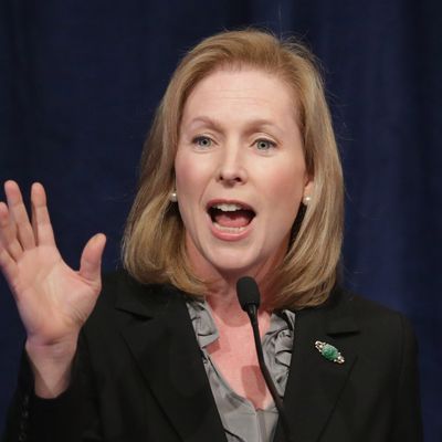 WASHINGTON, DC - OCTOBER 24: Sen. Kirsten Gillibrand (D-NY) addresses a conference commemorating the 10th anniversary of the Center for American Progress in the Astor Ballroom of the St. Regis Hotel October 24, 2013 in Washington, DC. Co-founded by former Clinton Administration Chief of Staff John Podesta, the liberal public policy research and advocacy organization is a think tank that rivals conservative policy groups, such as the Heritage Foundation and the American Enterprise Institute. (Photo by Chip Somodevilla/Getty Images)