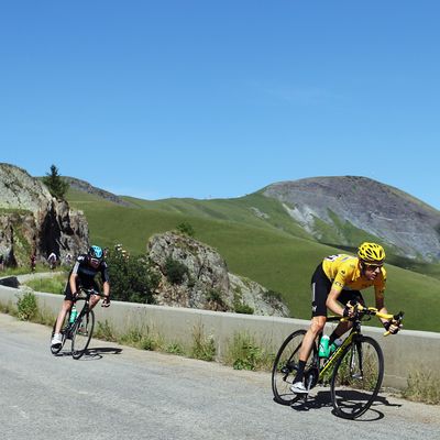 Race leader Bradley Wiggins of Great Britain leads team mate Christopher Froome of Great Britain and on stage eleven of the 2012 Tour de France from Albertville to La Toussuire on July 12, 2012 in La Toussuire, France. 