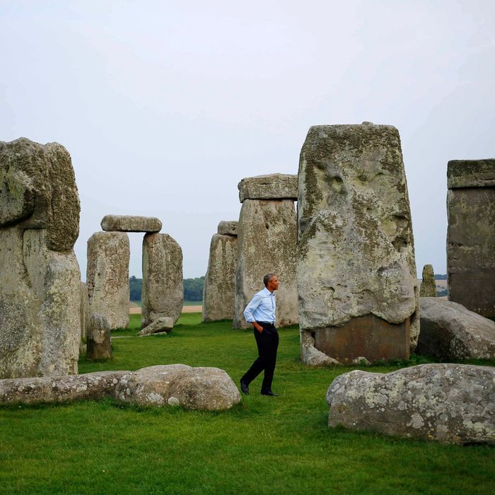 President Barack Obama visits Stonehenge after leaving the NATO summit in Newport, Wales, Friday, Sept. 5, 2014.