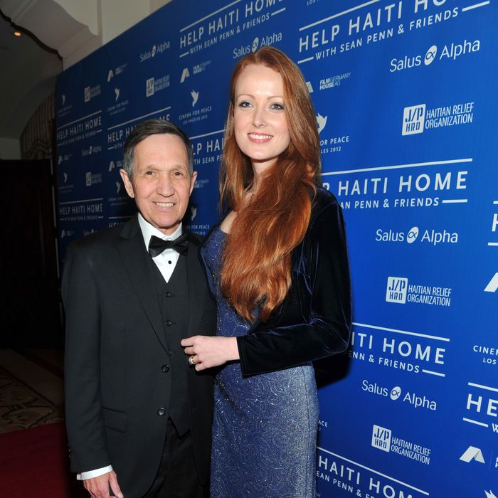U.S. Representative Dennis Kucinich (L) and wife Elizabeth Kucinich arrive at the Cinema For Peace event benefitting J/P Haitian Relief Organization in Los Angeles held at Montage Hotel on January 14, 2012 in Los Angeles, California.