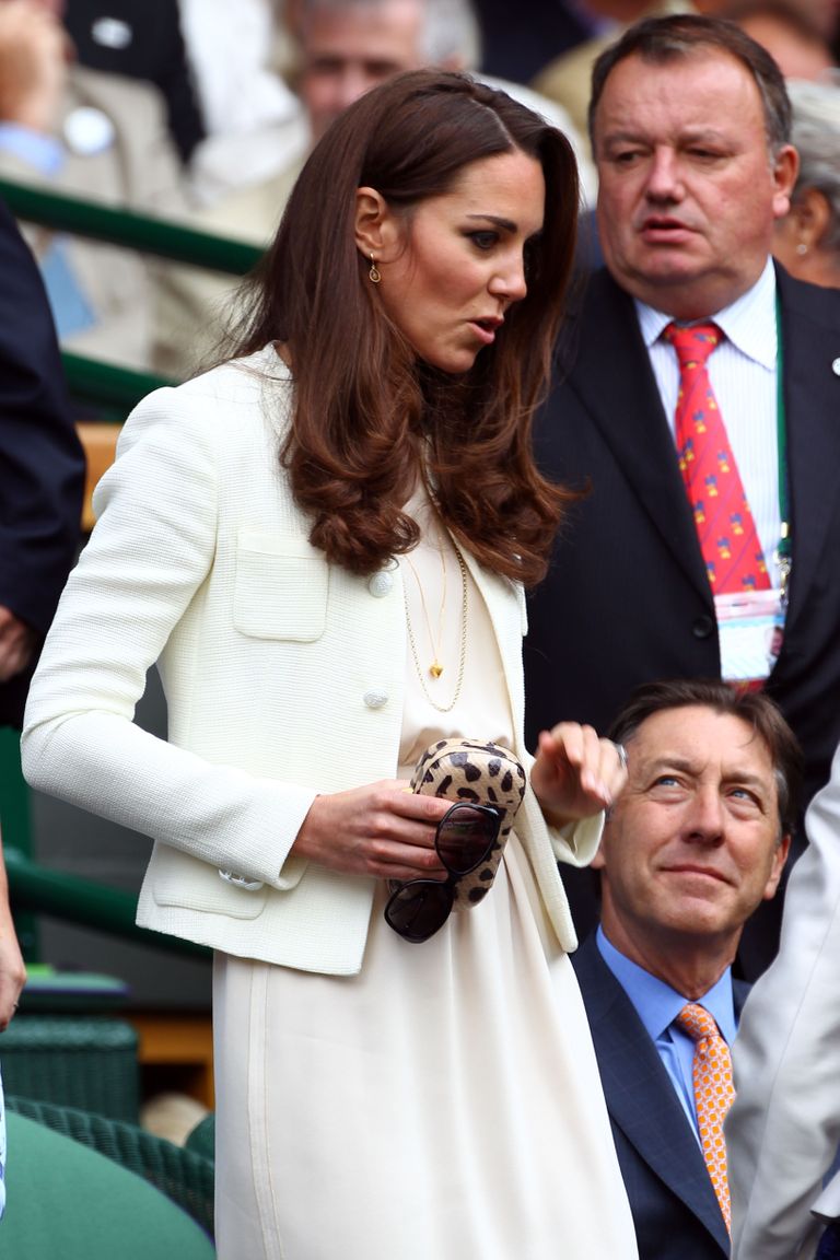 LONDON, ENGLAND - JULY 08:  Catherine, Duchess of Cambridge sits in the Royal Box during his Gentlemen’s Singles final match between Roger Federer of Switzerland and Andy Murray of Great Britain on day thirteen of the Wimbledon Lawn Tennis Championships at the All England Lawn Tennis and Croquet Club on July 8, 2012 in London, England.  (Photo by Clive Brunskill/Getty Images)