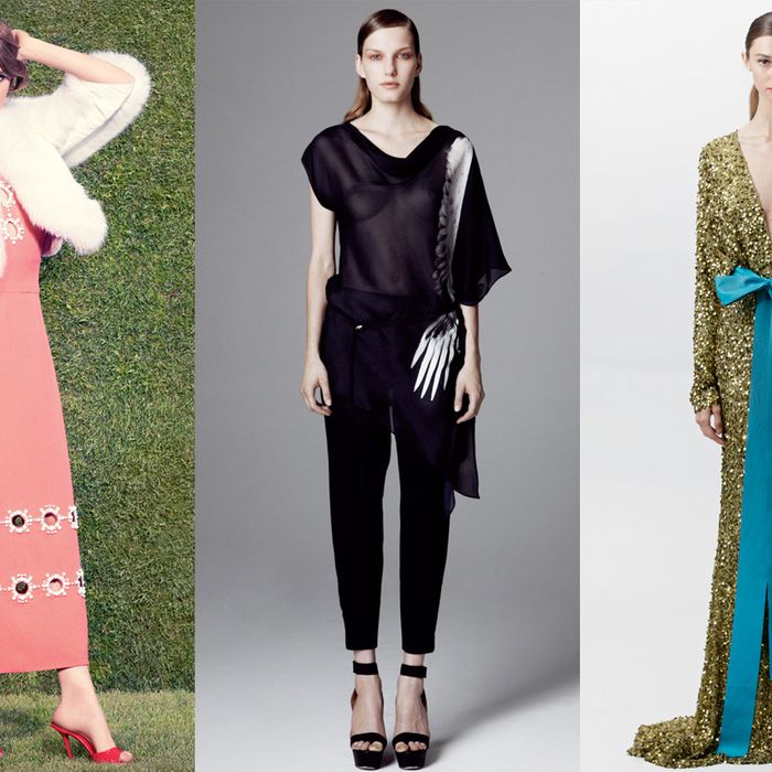 From left: new resort looks from Louis Vuitton, Helmut Lang, and Badgley Mischka.