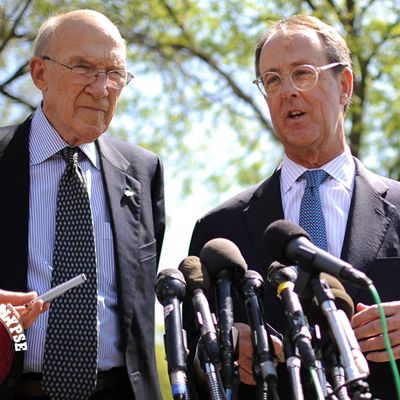 Democrat Erskine Bowles (R) and Republican Alan Simpson speak to reporters after their meeting with US President Barack Obama at the White House in Washington, DC, on April 14, 2011. Obama met with the men who led a bipartisan fiscal commission on April 14, launching a hard sell of his 4 trillion USD deficit plan amid a building row with Republicans. Obama and other White House officials mounted a strong push to win acceptance of the 12-year-plan laid out by the president on Wednesday, while his foes on Capitol Hill sought to build momentum behind their rival effort. AFP Photo/Jewel Samad (Photo credit should read JEWEL SAMAD/AFP/Getty Images)