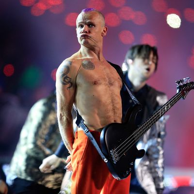 Flea of the Red Hot Chili Peppers performs during the Pepsi Super Bowl XLVIII Halftime Show at MetLife Stadium on February 2, 2014 in East Rutherford, New Jersey.