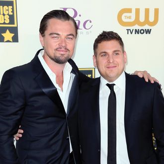 SANTA MONICA, CA - JANUARY 16: Actors Leonardo DiCaprio (L) and Jonah Hill attend the 19th Annual Critics' Choice Movie Awards at Barker Hangar on January 16, 2014 in Santa Monica, California. (Photo by David Livingston/Getty Images)