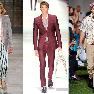 From left: new menswear looks from Alexander McQueen, Gucci, and Prada.
