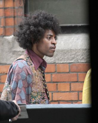 Andre 3000 on film set in Dublin, Ireland. Andre is seen walking with his arm around co-star, Hayley Atwell on the Jimi Hendrix movie, 