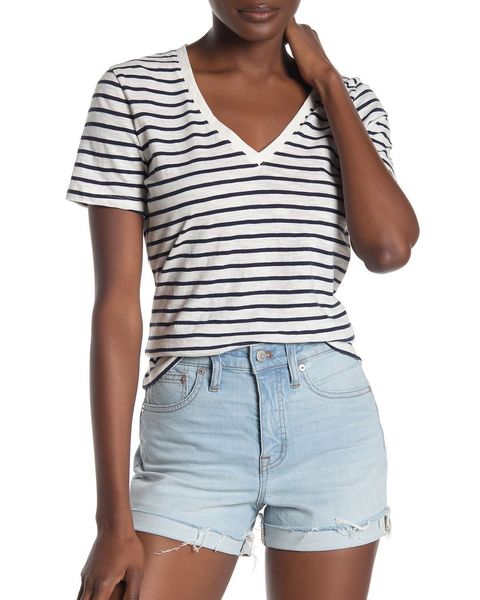 Women's Navy and White Horizontal Striped V-neck T-shirt, Navy and