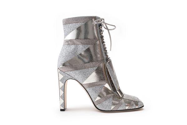 Squared Toe Low Boot in Silver Crackled Lamé Leather
