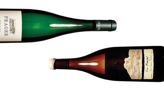 Prager&#8217;s 2001 Achleiten Smaragd Riesling Momofuku Ssäm Bar (left); Marea's 2009 &#8216;En Barby&#8217; Savagnin bottle from Jean-François Ganevat