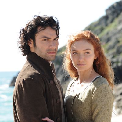 Aidan Turner as Ross Poldark, Eleanor Tomlinson as Demelza.